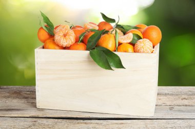 Tahta masada sandıkta taze, sulu mandalinalar.