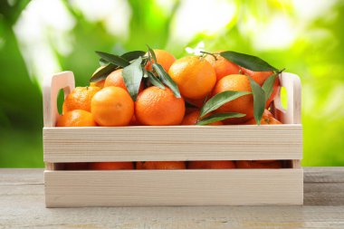 Tahta masada sandıkta taze, sulu mandalinalar.