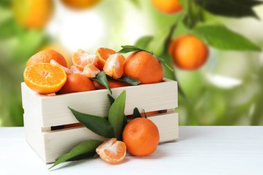 Tahta masada sandıkta taze, sulu mandalinalar.