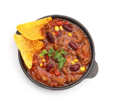 Delicious chili con carne with nachos isolated on white, top view
