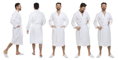 Beyaz arka planda bornoz giyen bir adam, portre kolajı.