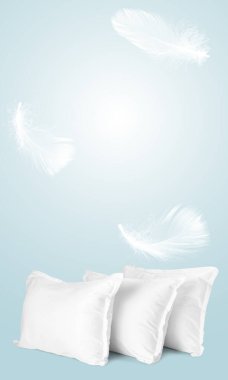 Mavi arka planda yastıklar ve uçan tüyler. Rahat uyu, poster.