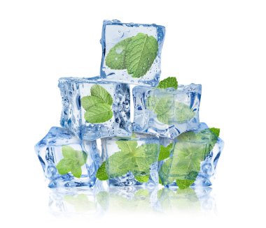 Beyaz üzerine izole edilmiş buz küplerindeki taze nane yaprakları.
