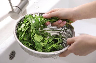 Lavaboda maydanozu elek yıkayan kadın, yakın plan.