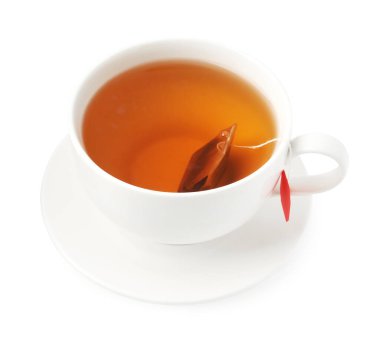 Çay demleniyor. Beyaz tenli çay poşeti.