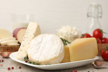 Gri masada servis edilen farklı taze süt ürünleri.