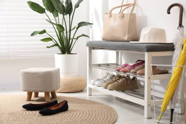 Farklı ayakkabılar, aksesuarlar ve beyaz duvarın yanındaki ev bitkilerinden oluşan ayakkabı deposu.