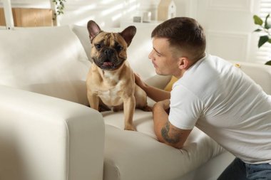 Evdeki kanepenin yanında tatlı köpeğiyle rahatlayan genç bir adam.