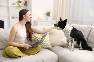 Dizüstü bilgisayarlı gülümseyen kadın evdeki kanepede köpeğini okşuyor.