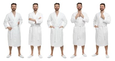 Beyaz arka planda bornoz giyen bir adam, portre kolajı.