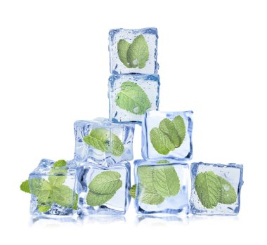 Beyaz üzerine izole edilmiş buz küplerindeki taze nane yaprakları.