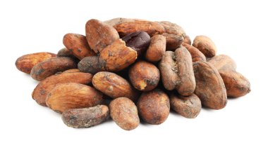 Birçok doğal kakao çekirdeği beyaz üzerine izole edilmiş.