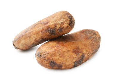 İki doğal kakao çekirdeği beyaz üzerine izole edilmiş.