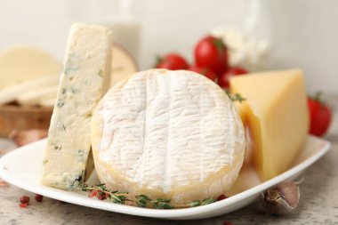 Gri masada servis edilen farklı taze süt ürünleri.