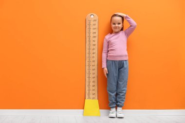 Küçük kız turuncu duvarın yanında boyunu ölçüyor.