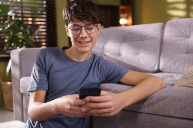 Evdeki kanepenin yanında akıllı telefon kullanan genç bir çocuk.