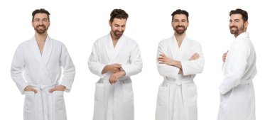 Beyaz arka planda bornoz giyen bir adam, portre kolajı.