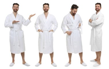 Beyaz arka planda bornoz giyen bir adam, portre kolajı.