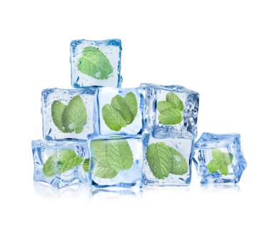 Beyaz üzerine izole edilmiş buz küplerindeki taze nane yaprakları.