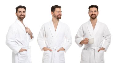 Beyaz arka planda bornoz giyen bir adam, portre kolajı.