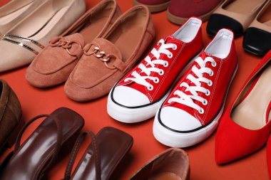 Mercan zemin üzerinde farklı güzel ayakkabılar, yakın plan