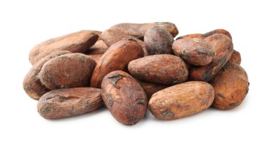 Birçok doğal kakao çekirdeği beyaz üzerine izole edilmiş.