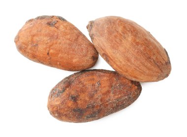 Doğal kakao çekirdekleri beyaz üzerine izole edilmiş.