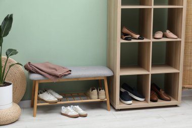 Ayakkabı deposu, farklı ayakkabılar, giysiler ve yeşil duvarın yanındaki bitki örtüsü.