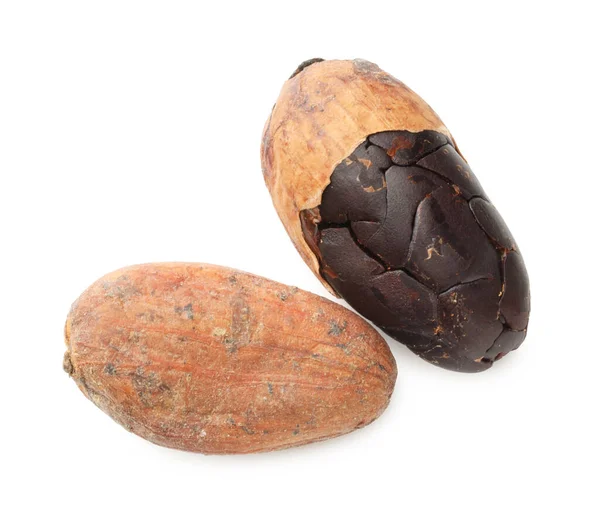 Doğal kakao çekirdekleri beyaz üzerine izole edilmiş.