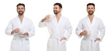 Beyaz arka planda bornoz giyen bir adam, portre kolajı.