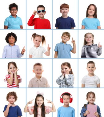 Beyaz arka planda sevimli çocuklar. Portre Kolajı