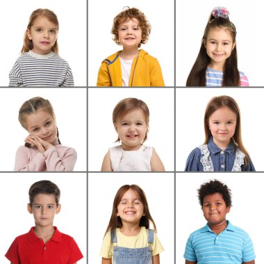 Cute children on white background. Collage of portraits