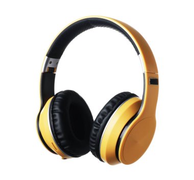 Beyaz üzerine izole edilmiş sarı kablosuz kulaklıklar