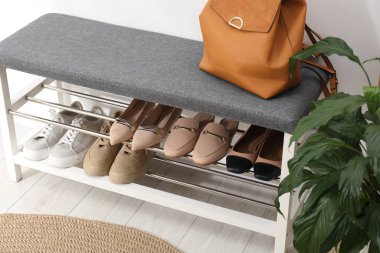Shoe storage bench with different footwear, backpack and houseplant near white wall indoors, closeup
