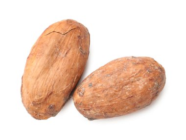 Doğal kakao çekirdekleri beyaz üzerine izole edilmiş.