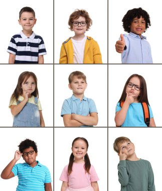 Beyaz arka planda sevimli çocuklar. Portre Kolajı