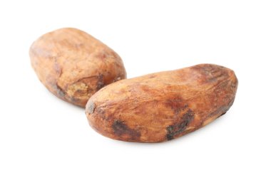 İki doğal kakao çekirdeği beyaz üzerine izole edilmiş.