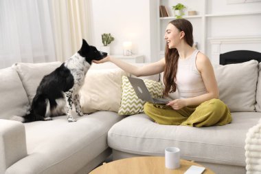 Dizüstü bilgisayarlı gülümseyen kadın evdeki kanepede köpeğini okşuyor.