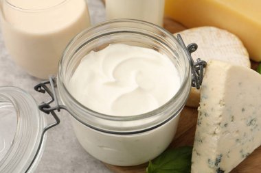 Farklı süt ürünleri ve fesleğenler ışık masasında, yakın çekim