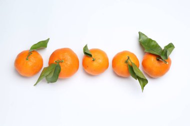 Beyaz zemin üzerinde olgun mandalina ve yeşil yapraklar, düz uzanır.