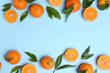 Taze mandalina ve açık mavi arka planda yeşil yapraklar, düz. Metin için boşluk