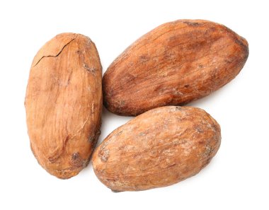 Doğal kakao çekirdekleri beyaz üzerine izole edilmiş.