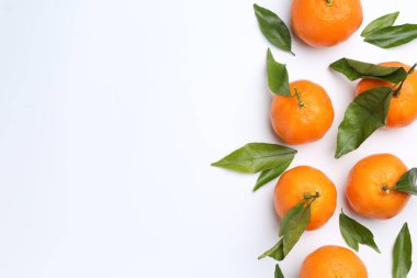 Beyaz arka planda olgun mandalinalar ve yeşil yapraklar. Metin için boşluk