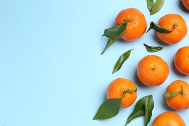 Taze mandalina ve açık mavi arka planda yeşil yapraklar, düz. Metin için boşluk