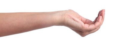 Beyaz arka planda bir şey tutan kadın, yakın plan.