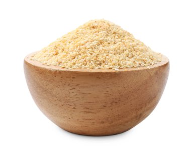 Granüle edilmiş sarımsak kasede, beyazın üzerinde izole edilmiş.