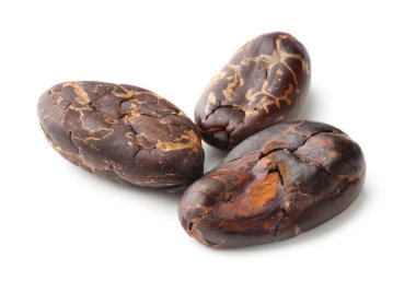 Beyaz üzerine izole edilmiş üç doğal kakao çekirdeği.