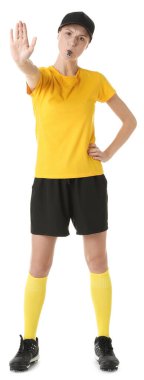 Hakem düdüğü çalıyor ve beyaz arkaplanda dur işareti gösteriyor