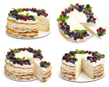 Lezzetli krep keki beyaza izole edilmiş, set. Üst ve yan görünüm