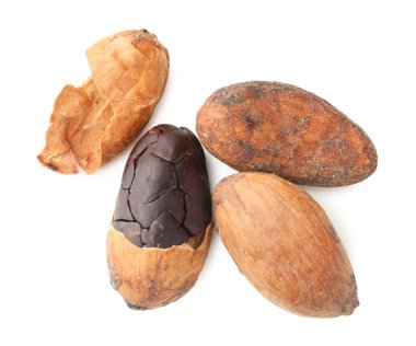 Doğal kakao çekirdekleri beyaz üzerine izole edilmiş.